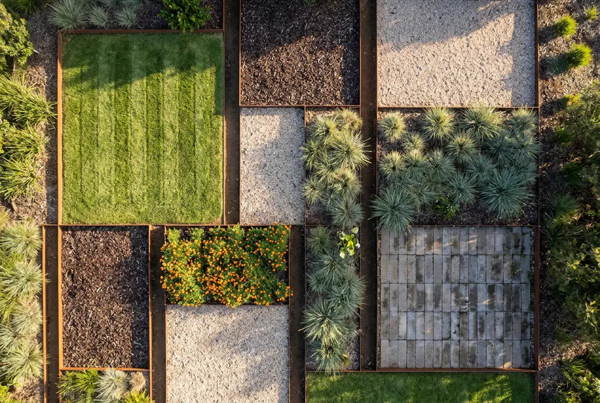 A garden from directly above laid out in rectangles: striped lawn, bark, gravel, grey-green grasses, orange flowers and pavers, divided by steel edging